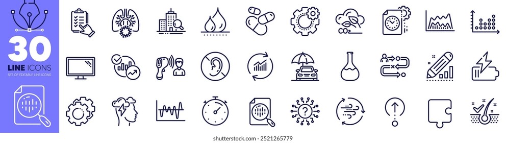 Swipe up, Update data and Electronic thermometer line icons pack. Trade chart, Puzzle, Journey path web icon. Mindfulness stress, Inspect, Chemistry lab pictogram. Edit statistics. Vector