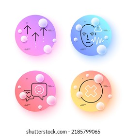 Swipe Up, Voice Wave And Smile Minimal Line Icons. 3d Spheres Or Balls Buttons. Close Button Icons. For Web, Application, Printing. Scrolling Arrow, Face Access, Socila Media. Vector