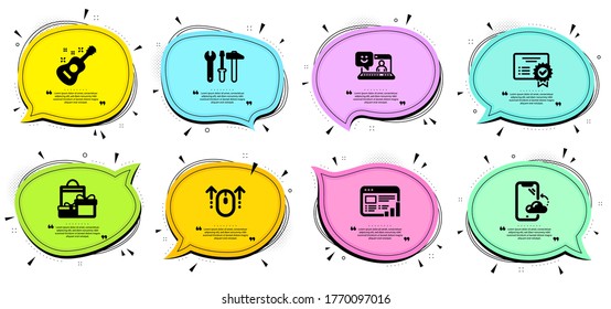 Swipe up, Web report and Guitar signs. Chat bubbles with quotes. Certificate, Smartphone cloud and Spanner tool line icons set. Smile, Shopping symbols. Verified document, Phone backup. Vector