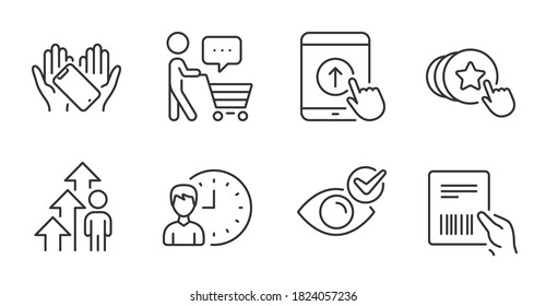 Swipe up, Working hours and Parcel invoice line icons set. Hold heart, Check eye and Buyer think signs. Smartphone holding, Employee result symbols. Quality line icons. Swipe up badge. Vector