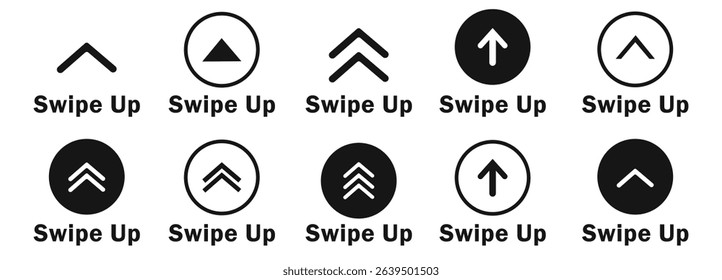 swipe up Vector. Collection swipe up icons in black and white design for digital content interaction