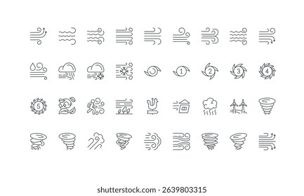 Swirl and arrow of breeze, wind front, hurricane cyclone thin black and red symbols vector illustration. Wind weather forecast, lines and vortex, twirls of air flow, warning scales of typhoon icon set