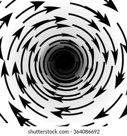 Swirl of arrows decreasing towards the center. Spiral with black hole in the middle. Symbolizes cyclicity, motion and dynamic. Vector illustration. Abstract background for creative modern design.