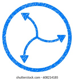 Swirl Arrows grainy textured icon inside circle for overlay watermark stamps. Flat symbol with unclean texture.