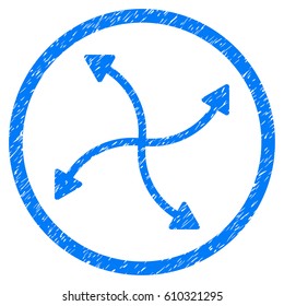 Swirl Arrows grainy textured icon inside circle for overlay watermark stamps. Flat symbol with dirty texture. Circled vector blue rubber seal stamp with grunge design.
