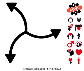 Swirl Arrows icon with bonus valentine clip art. Vector illustration style is flat rounded iconic intensive red and black symbols on white background.