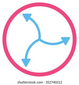 Swirl Arrows vector icon. Style is bicolor flat circled symbol, pink and blue colors, rounded angles, white background.