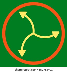 Swirl Arrows vector icon. Style is bicolor flat circled symbol, orange and yellow colors, rounded angles, green background.