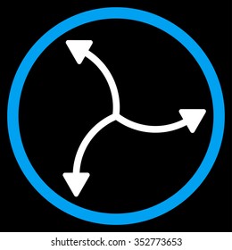 Swirl Arrows vector icon. Style is bicolor flat circled symbol, blue and white colors, rounded angles, black background.