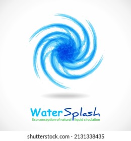 Swirl blue ink splash as symbol of hurricane cyclone wind, tropical typhoon, spiral storm, tornado. Eco fluid stream design. Vector clean water concept template. Abstract colorful grunge curls logo