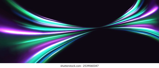 Swirl bokeh effect. Colored shiny sparks of spiral wave. Curved bright speed line swirls. Shiny wavy path. Rotating dynamic neon circle. Magic golden swirl with highlights.