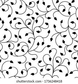 Swirl branches with leaves vetor seamless pattern black and white Great for wallpaper, backgrounds, invitations, packaging, design projects, textile scrapbooking .