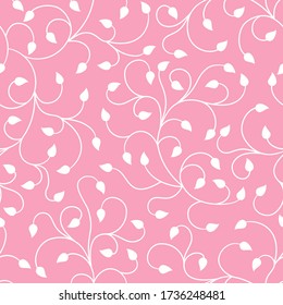 Swirl branches with leaves vetor seamless pattern pink and white. Great for wallpaper, backgrounds, invitations, packaging, design projects, textile scrapbooking .