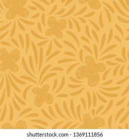 Swirl butterflies yellow monochrome floral seamless vector pattern