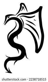 Swirl calligraphy dragon character with wings. Chinese symbol, tatto element label.  Black brush stroke