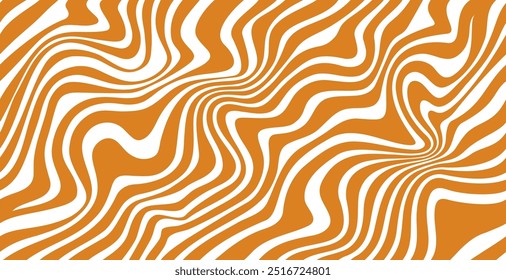 Swirl caramel pattern, seamless wavy peanut background with wavy lines in orange and white. Vector sweet candy abstract psychedelic texture, distorted ornament with flowing peanut butter wave effect