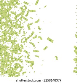 Fondo blanco Swirl Cash Vector. Volando Volante Confetti. Banner de dinero de papel volante. Tarjeta de caida del Casino.