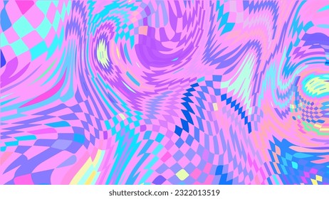 Swirl checkered holographic pattern. Trippy psychedelic background. Groovy pastel color wavy abstract wallpaper. Curvy liquid texture print. Vector illustration.