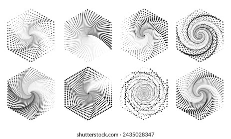 Swirl circular patterns icons. Hexagonal configuration composed of circle dot sizes pattern.