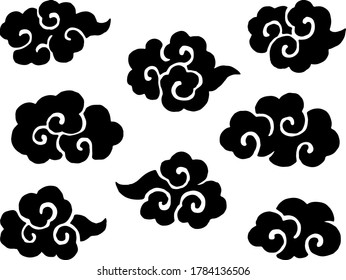 Swirl clouds hand drawn silhouette illustration set