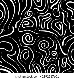 Las líneas abstractas giratorias y onduladas se caracterizan por un patrón sin fisuras con blanco y negro. Gráfico de ilustración vectorial.