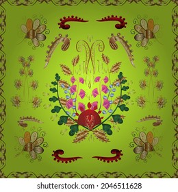 Schwirl- und Curl-Muster auf Gelb, Grün und Braun. Vektorgrafik. Perfekt für Bildschirmhintergründe, Webseiten-Hintergründe, Oberflächentexturen, Textilien. Im Vintage-Stil. Nahtlos.