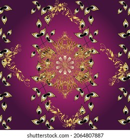 Patrón giratorio y curvo en colores amarillo, gris y violeta. Perfecto para fondos de pantalla, fondos de página web, texturas superficiales, textiles. Sin inconveniente. En estilo vintage. Ilustración vectorial.