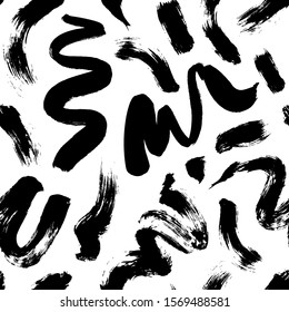 Swirl and curly brush strokes seamless pattern. Hand drawn vector ink illustration. Painted abstract texture. Scribble lines and dry brush strokes ornament. Hand drawn smears background. 