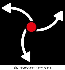 Swirl Direction vector icon. Style is bicolor flat symbol, red and white colors, rounded angles, black background.