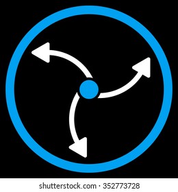 Swirl Direction vector icon. Style is bicolor flat circled symbol, blue and white colors, rounded angles, black background.