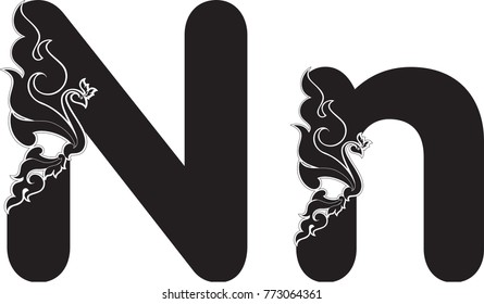 Swirl Doodle Alphabet Letter N with Abstract Swan, Art Font designed for Artwork, Symbol, Typing Design, Tattoo, Logo, Screen Printing, Pattern, Texture, Background, Stencil Woodwork, Paper Art
