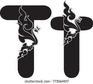 Swirl Doodle Alphabet Letter T with Abstract Swan, Art Font designed for Artwork, Symbol, Typing Design, Tattoo, Logo, Screen Printing, Pattern, Texture, Background, Stencil Woodwork, Paper Art