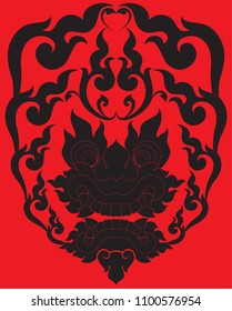 Swirl Doodle Floral Heart and Dragon (Naga) Face, Designed for Artwork Tattoo Fabric Pattern Wallpaper Texture Background Textile Ornament Decor, Southeast Asia Traditional Thai and Laos Artwork
