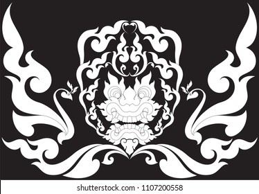 Swirl Doodle Titan Face Heart and Fire Swan, Southeast Asia Traditional Thai Artwork Style, Designed for Artwork Tattoo Fabric Textile Pattern Texture Wallpaper Background Stencil Ornament Wall Decor