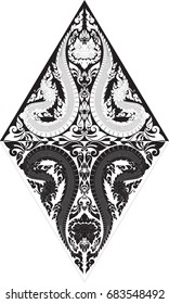 Swirl Doodle Traditional Naga, Giant Face and Little Heart in Diamond-Shaped Vector Format Pattern, Wallpaper, Texture, Background, Southeast Asia Art Style