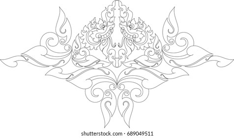 Swirl Doodle Tribal Traditional Naga Head, Butterfly, Bodhi Leaf, Bat, Fox and Swan Symbol, Pattern, Texture, Background, Wallpaper, Tattoo Vector Format, Traditional Southeast Asia Art Style