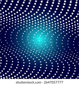 Swirl dot space abstract background. Square and spiral light dots pattern, halftone energy tunnel with perspective, motion effect