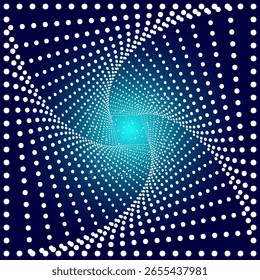 Fondo abstracto del espacio de puntos del remolino. Patrón de puntos de luz cuadrados y espirales, túnel de energía de semitonos con perspectiva, efecto de movimiento