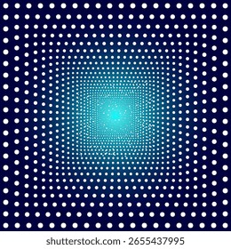 Fondo abstracto del espacio de puntos del remolino. Patrón de puntos de luz cuadrados y espirales, túnel de energía de semitonos con perspectiva, efecto de movimiento