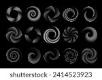 Swirl dotted halftone icons. Vortex digital futuristic logos set. Vector geometric shapes.