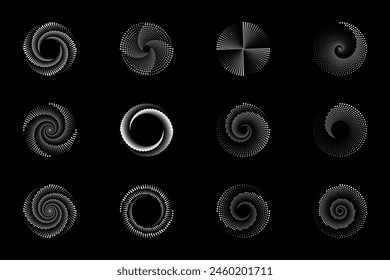 Swirl dotted halftone icons. Vortex digital futuristic logos set. Vector geometric shapes.