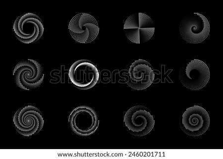Swirl dotted halftone icons. Vortex digital futuristic logos set. Vector geometric shapes.