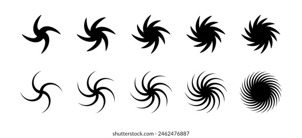 Swirl element set. Black twirling and rotating effect collection. Circular radial revolving whirlwind symbols bundle for graphic design. Twist, gyre or whirlpool rotation pack. Vector