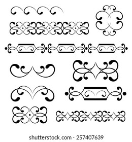 Swirl elements and monograms for design. Elegant signs and  horizontal borders  isolated on white background. Vector illustration.