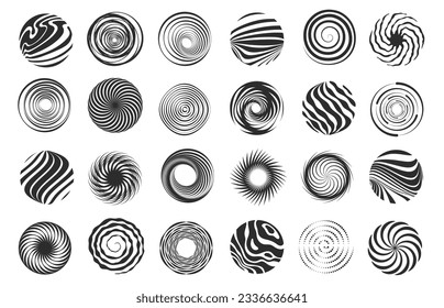 Swirl figure. Spiral abstract movement and hypnotic vortex, whirl and vortex dynamic icon design. Vector tornado spiral icons set of hypnotic spiral and swirl illustration