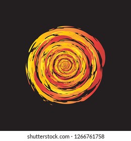 Swirl Fire Circle Abstract Vector Illustration. Grunge Brush Painted Fireball Design. Orange and Red Swirl Template. Swirling cyclone background with space for text, abstract design concept