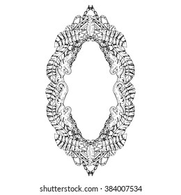 Swirl floral frame. Old black doodle border. Black and white floral frame oval shape, abstract art, doodle sketch. Boho design for card, photo frame. Vintage patterned elements. Vector illustration.