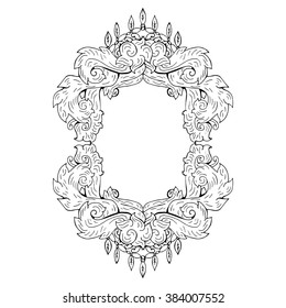 Swirl floral frame. Old black doodle border. Black and white floral frame oval shape, abstract art, doodle sketch. Boho design for card, photo frame. Vintage patterned elements. Vector illustration.
