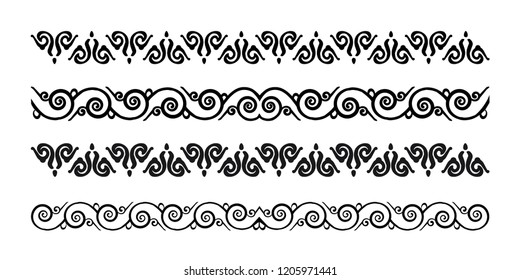Swirl floral pattern design element set. Ornamental flourish border in russian style over white background.