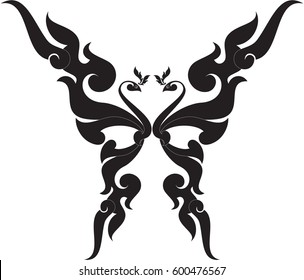 Swirl floral phoenix and butterfly vector illustration, tattoo, pattern, texture, background, Southeast Asia Art Design